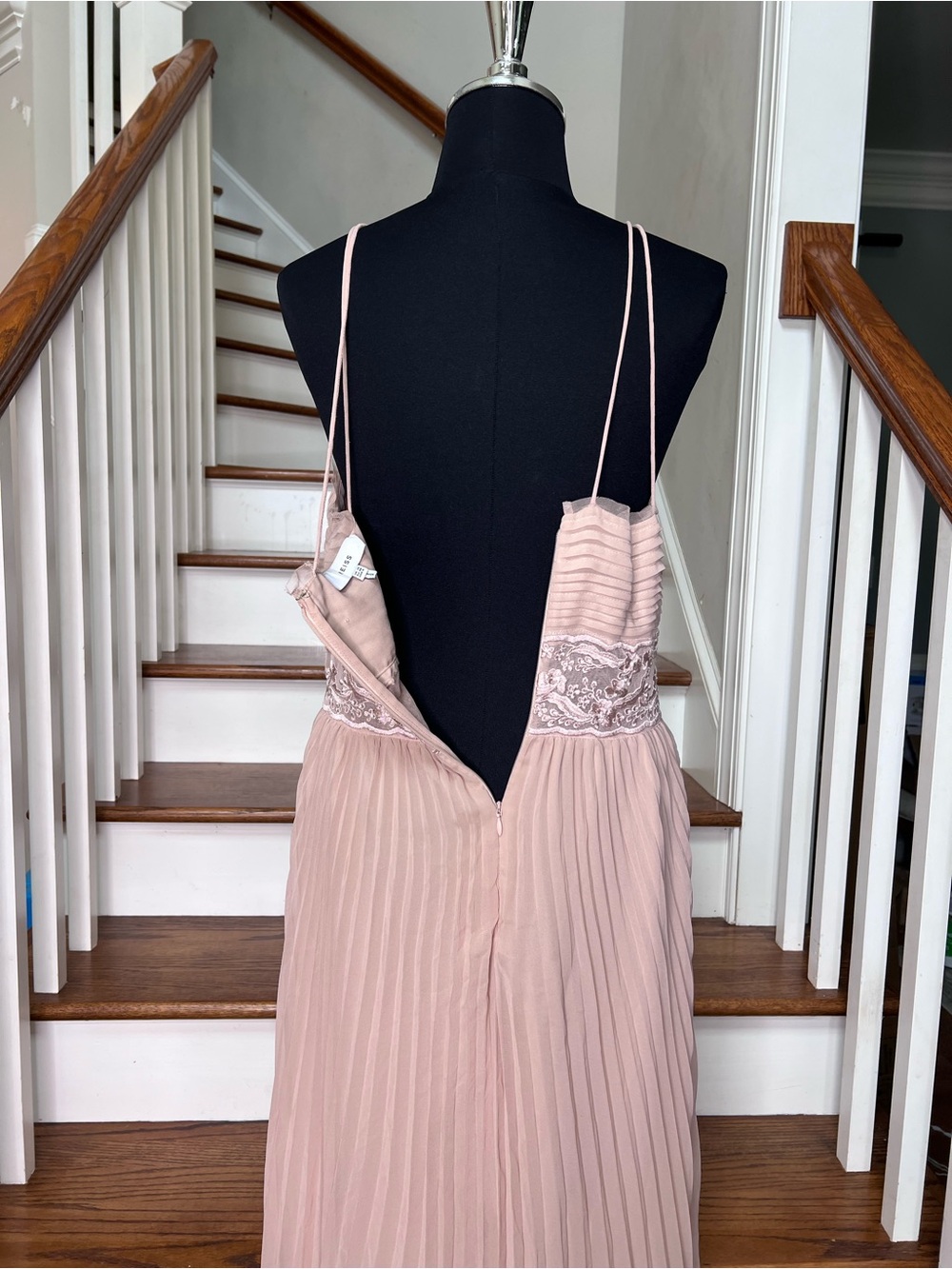 REISS Blush Pink Pleated Midi Dress Lace Waist Silk Look Chiffon US 6 - Picture 7 of 11